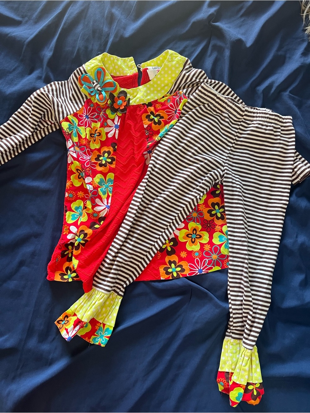 Boutique Girls Floral Orange & Brown Striped Ruffle 2-Piece Outfit Size 6